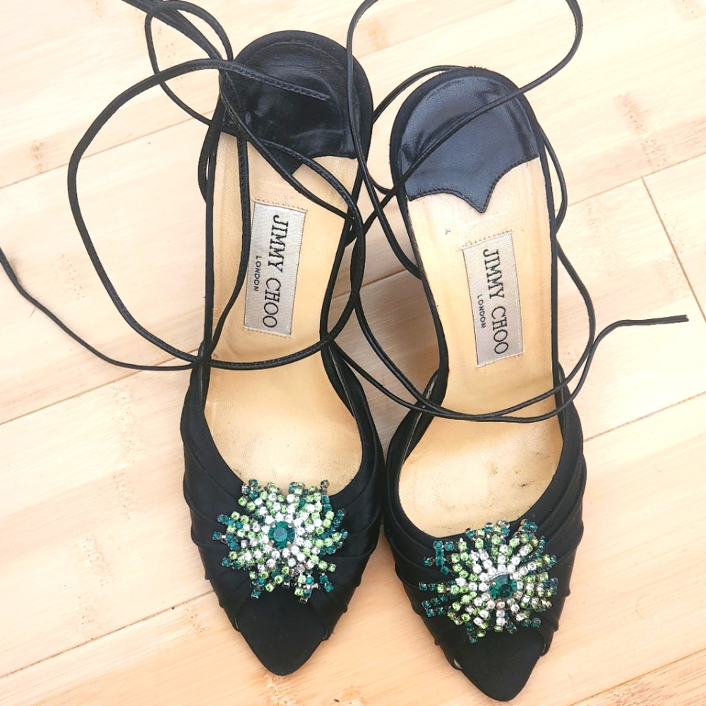 Jimmy Choo Lace-Up Black Silk Formal Wedges With Swarovski Crystal Flower